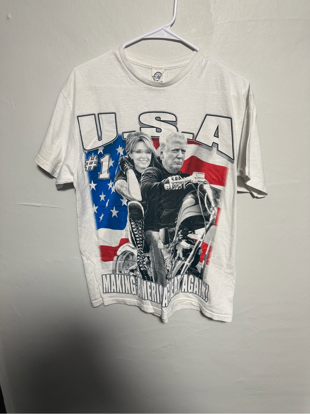 Delta White Short-Sleeve Graphic Tee with USA Flag, Trump and Sarah Palim